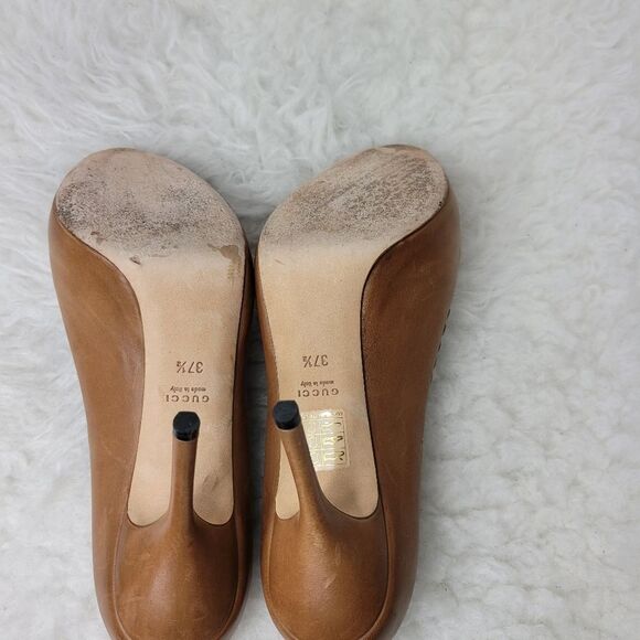 Gucci Brown Leather Whipstitch Trim Pumps Open Toe 264984 Heel Shoes Size 7 US - Picture 10 of 10